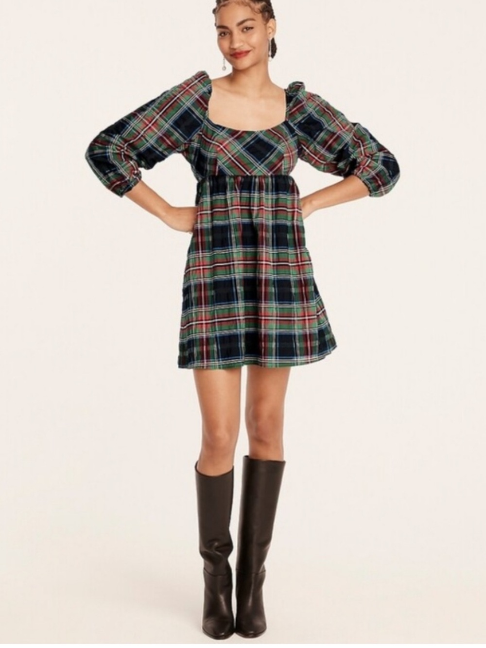 J. Crew Puff-sleeve mini dress in Stewart tartan holiday Christmas